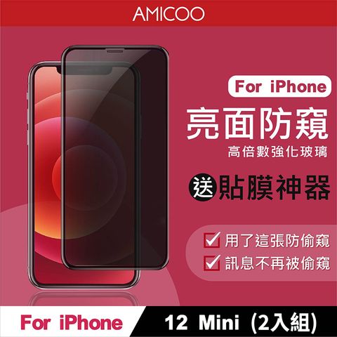 AMICOO iPhone 12 Mini 防偷窺 滿版玻璃保護貼 手機保護貼(2入組-送貼膜神器)