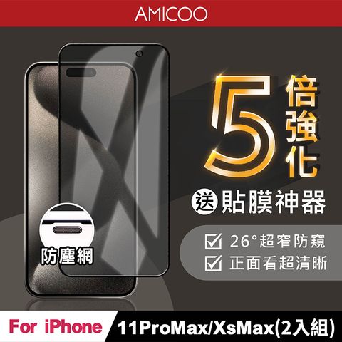 AMICOO iPhone 11 Pro Max Xs Max 五倍強化 26度防偷窺 滿版玻璃保護貼(2入組-送貼膜神器)