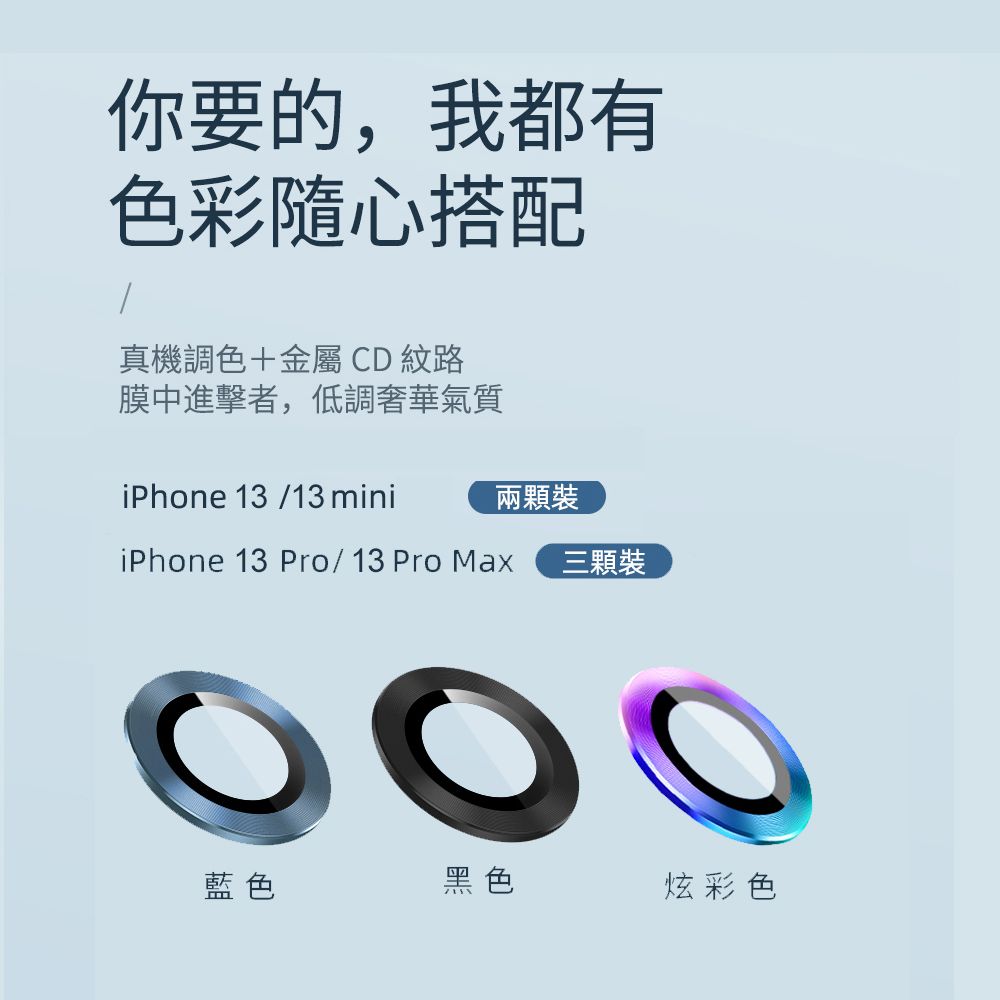 你要的,我都有色彩隨心搭配真機調色+金屬 CD 紋路膜中進擊者,低調奢華氣質iPhone 13/13 mini兩顆裝iPhone 13 Pro/13 Pro Max三顆裝藍色黑色炫彩色