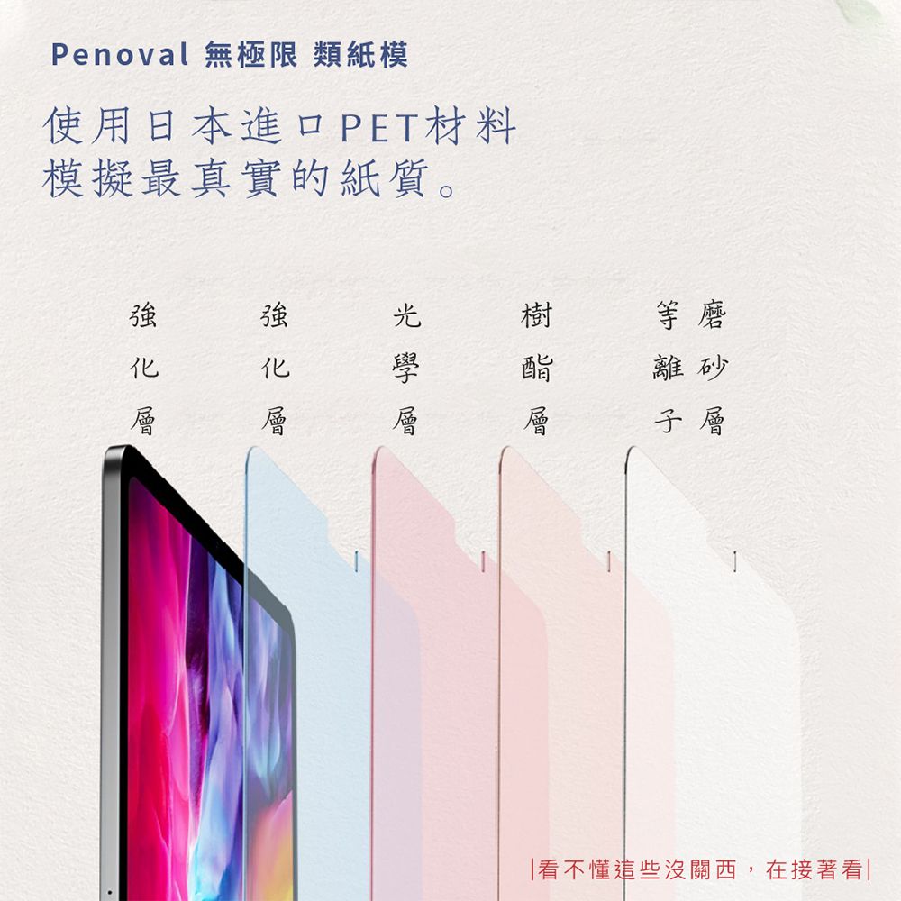 Penoval 無極限 類紙模使用日本進口PET材料模擬最真實的紙質。強強化層酯等磨離砂層「看不懂這些沒關西,在接著看|