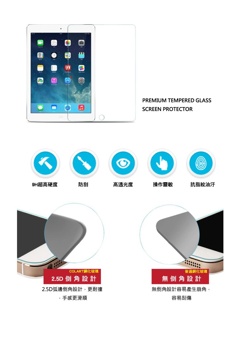 PREMIUM TEMPERED GLASSSCREEN PROTECTOR9H超高硬防刮高透光度操作靈敏抗指紋油汙COLART鋼化玻璃2.5D 倒角設計普通鋼化玻璃無倒角設計2.5D弧邊倒角設計更耐撞無倒角設計容易產生崩角,手感更滑順容易刮傷