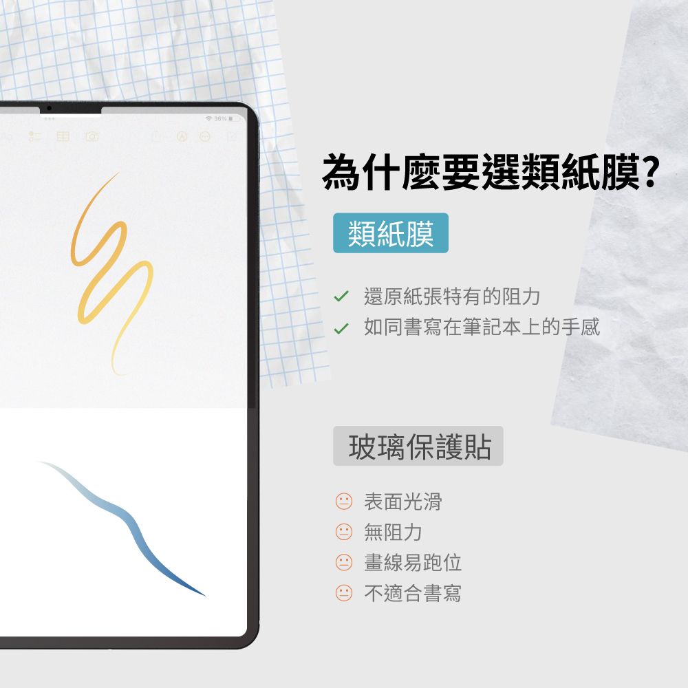 %為什麼要選類紙膜?類紙膜還原紙張特有的阻力如同書寫在筆記本上的手感玻璃保護貼表面光滑無阻力畫線易跑位不適合書寫