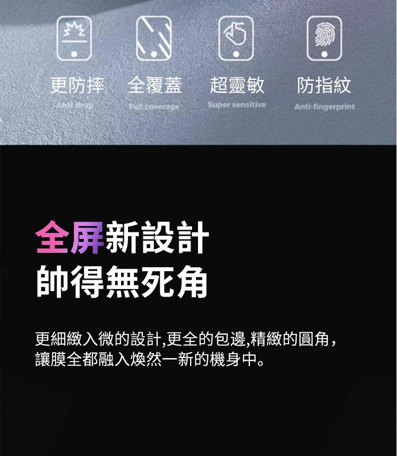 M更防摔 全覆蓋 超靈敏 coverageSuper sensitive防指紋Anti-fingerprint全屏新設計得無死角更細緻入微的設計,更全的包邊,精緻的圓角,讓膜全都融入煥然一新的機身中。