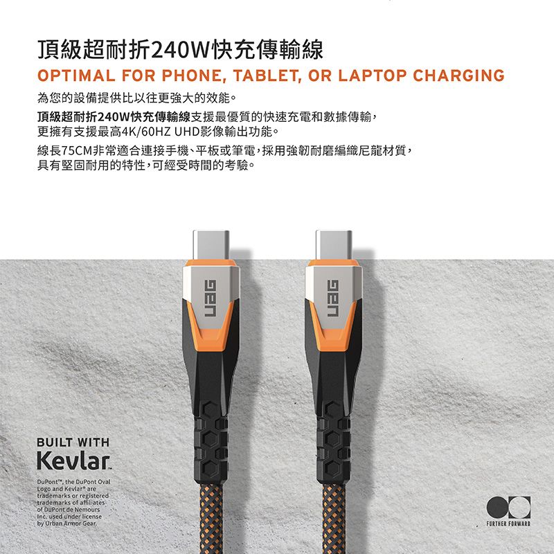 頂級超耐折240W快充傳輸線OPTIMAL FOR PHONE TABLET, OR LAPTOP CHARGING為您的設備提供比以往更強大的效能。頂級超耐折240W快充傳輸線支援最優質的快速充電和數據傳輸,更擁有支援最高4K/60HZ UHD影像輸出功能。線長75CM非常適合連接手機、平板或筆電,採用強韌耐磨編織尼龍材質,具有堅固耐用的特性,可經受時間的考驗。BUILT WITHKevlar™, the DuPont OvalLogo and Kevlar® aretrademarks or registeredtrademarks  affiliatesof DuPont de NemoursInc used under licenseby Orban Armor Gear.FURTHER FORWARD