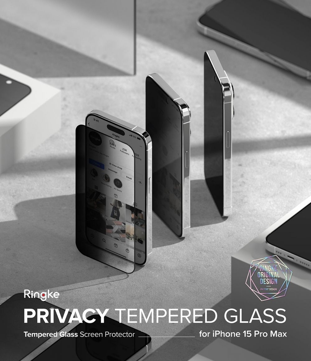 9:4122K    shopMessage  ORIGINALDESIGNPATENT DESIGNRingkePRIVACY TEMPERED GLASSTempered Glass Screen Protectorfor iPhone 15 Pro Max