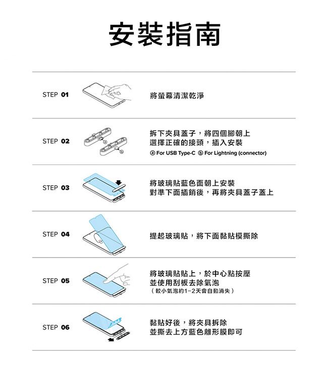 安裝指南STEP 01將螢幕清潔乾淨STEP 02拆下夾具蓋子,將四個腳朝上選擇正確的接頭,插入安裝 For USB Type-C  For Lightning connector)將玻璃貼藍色面朝上安裝STEP 03對準下面插銷後,再將夾具蓋子蓋上STEP 04提起玻璃貼,將下面黏貼模撕除將玻璃貼貼上,於中心點按壓STEP 05並使用刮板去除氣泡( 較小氣泡約1-2天自動消失)STEP 06黏貼好後,將夾具拆除並撕去上方藍色離形膜即可