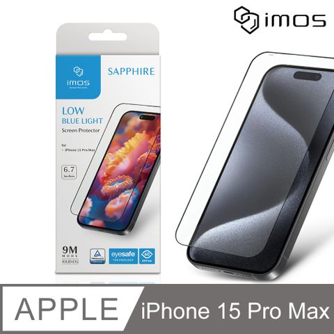 imos Apple iPhone 15 Pro Max 6.7吋 9M滿版黑邊RPF60低藍光螢幕保護貼(人造藍寶石)