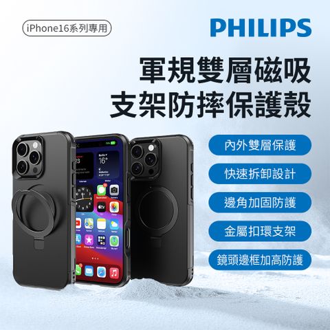 PHILIPS 飛利浦 iPhone 16/16 Plus/16 Pro/16 Pro Max 軍規雙層磁吸支架防摔保護殼