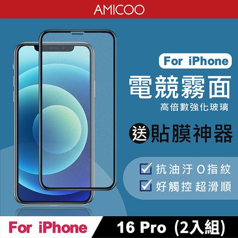 AMICOO iPhone 16 Pro 霧面 滿版玻璃保護貼 手機保護貼(2入組-送貼膜神器)