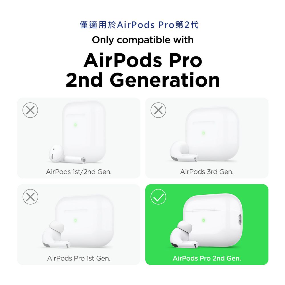 僅適用於AirPods Pro第2代Only compatible withAirPods Pro2nd Generation☑AirPods 1st/2nd Gen.AirPods 3rd Gen.AirPods Pro 1st Gen.AirPods Pro 2nd Gen.