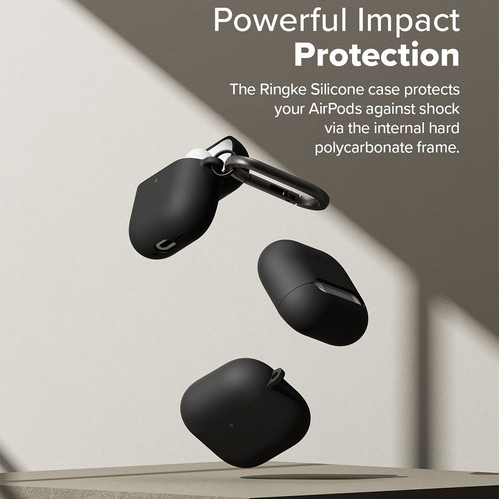 Powerful ImpactProtectionThe Ringke Silicone case protectsyour AirPods against shockvia the internal hardpolycarbonate frame.