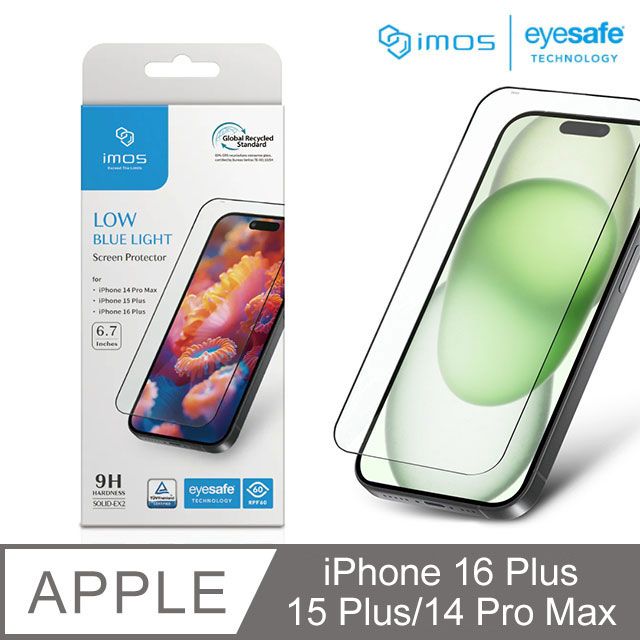 imos Apple iPhone 16 Plus/15 Plus/14 Pro Max 6.7吋 EX2 RPF60+GRS驗證 低藍光螢幕保護貼