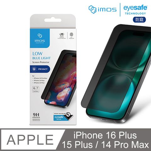 imos Apple iPhone 16 Plus / 15 Plus / 14 Pro Max 6.7吋 德國萊因認證 9H防窺RPF60低藍光螢幕保護貼