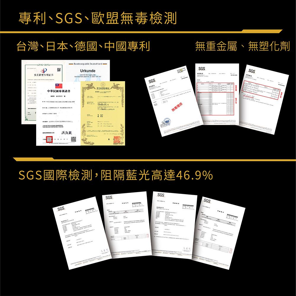 專利、SGS、歐盟無毒檢測台灣、日本、德國、中國專利 無重金屬、無塑化劑实用新型UrkundeSGSSGS中華民國專利證書洪淑敏無毒環保SGS國際檢測,阻隔藍光高達469%SGSSGS.SGSSGSSGS