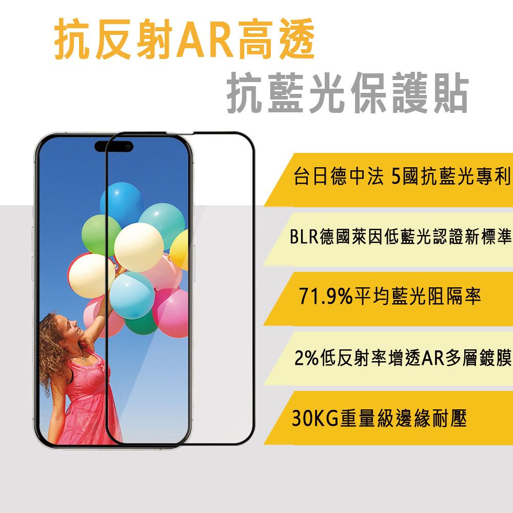 抗反射AR高透抗藍光保護貼台日德中法 5國抗藍光專利BLR德國萊因低藍光認證新標準71.9%平均藍光阻隔率2%低反射率增透AR多層鍍膜30KG重量級邊緣耐壓