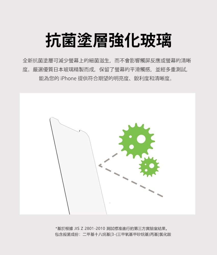 抗菌塗層強化玻璃全新抗菌塗層可減少螢幕上的細菌滋生,而不會影響觸屏反應或螢幕的清晰度。嚴選優質日本玻璃精製而成,保留了螢幕的平滑觸感,並經多重測試,能為您的iPhone 提供符合期望的明亮度、銳利度和清晰度。*基於根據JISZ 2801-2010 測試標准進行的第三方實驗室結果。包含殺菌成份:二甲基十八烷基[3-(三甲氧基甲矽烷基)丙基]氯化銨