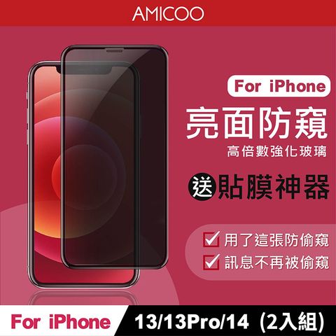 AMICOO iPhone 13 13 Pro 14 防偷窺 滿版玻璃保護貼 手機保護貼(2入組-送貼膜神器)