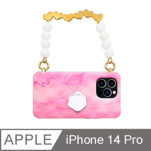 【Candies】iPhone 14 Pro - 心串珠鍊幻彩果凍晚宴包手機殼(螢光粉)