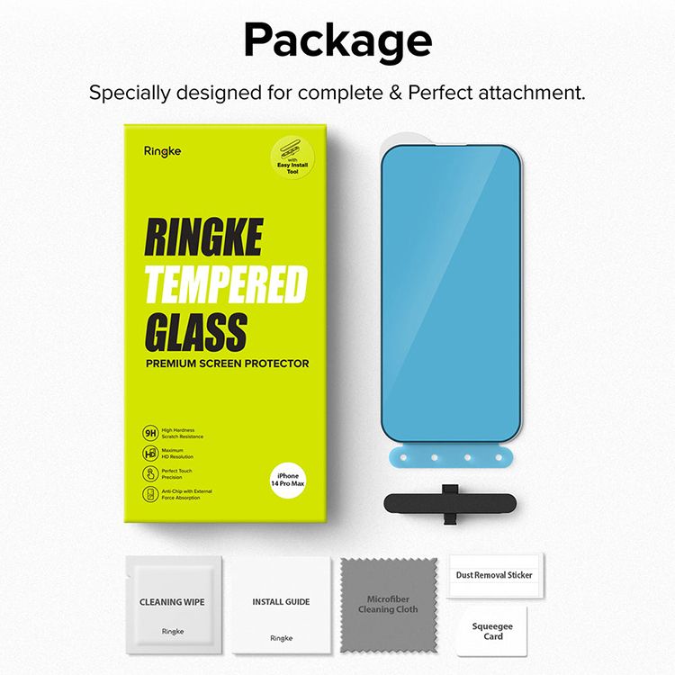 PackageSpecially designed for complete &  attachment TEMPEREDGLASSPREMIUM SCREEN PROTECTOR   Perfect 14      CLEANING WIPEINSTALL GUIDERingkeRingkeDust Removal StickerMicrofiberCleaning ClothSqueegeeCard