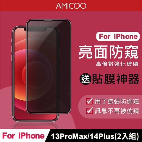 AMICOO iPhone 13 Pro Max 14 Plus 防偷窺 滿版玻璃保護貼 手機保護貼(2入組-送貼膜神器)