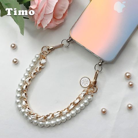 Timo iPhone 14 /13 /12 /11系列 手提掛鍊 (透明)手機殼珍珠小香風雙層短鏈組