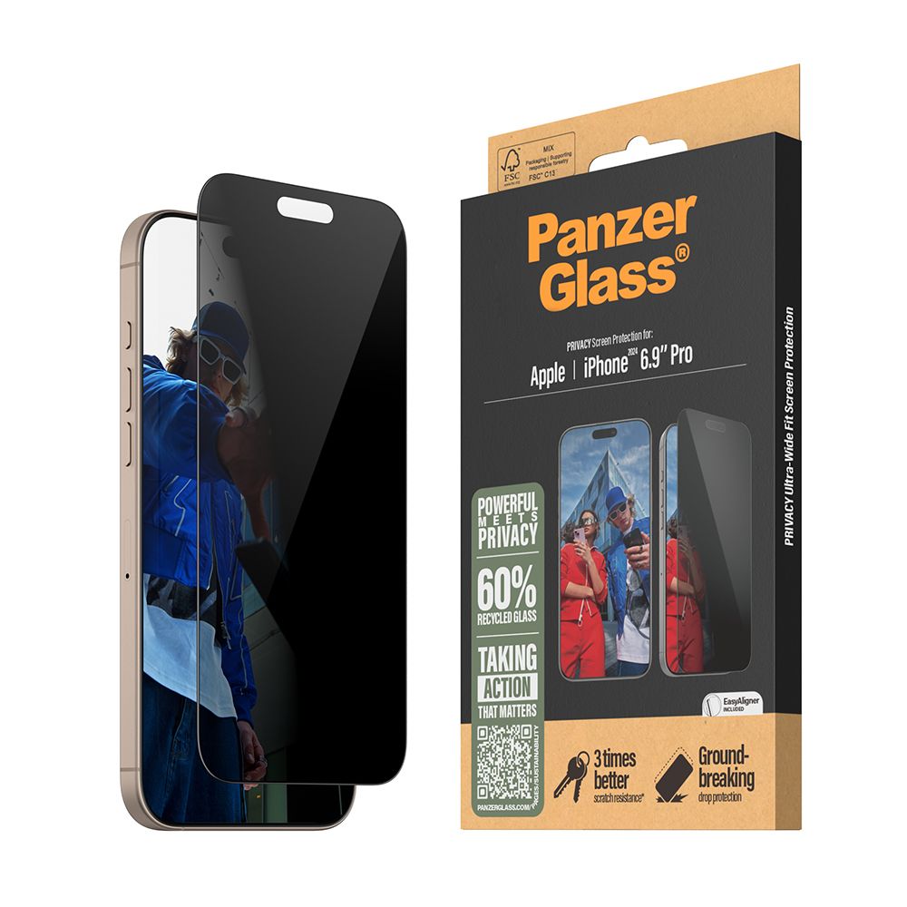 PanzerGlass iPhone 16 Pro Max 6.9吋 Privacy 2.5D 耐衝擊高透防窺玻璃保護貼(60%再生玻璃)