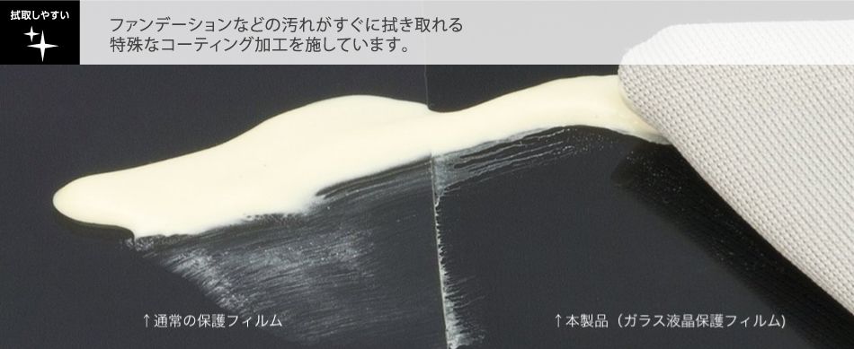 拭取しやすいファンデーションなどの汚れがすぐに拭き取れる特殊なコーティング加工を施しています。 通常の保護フィルム本製品 (ガラス液晶保護フィルム)