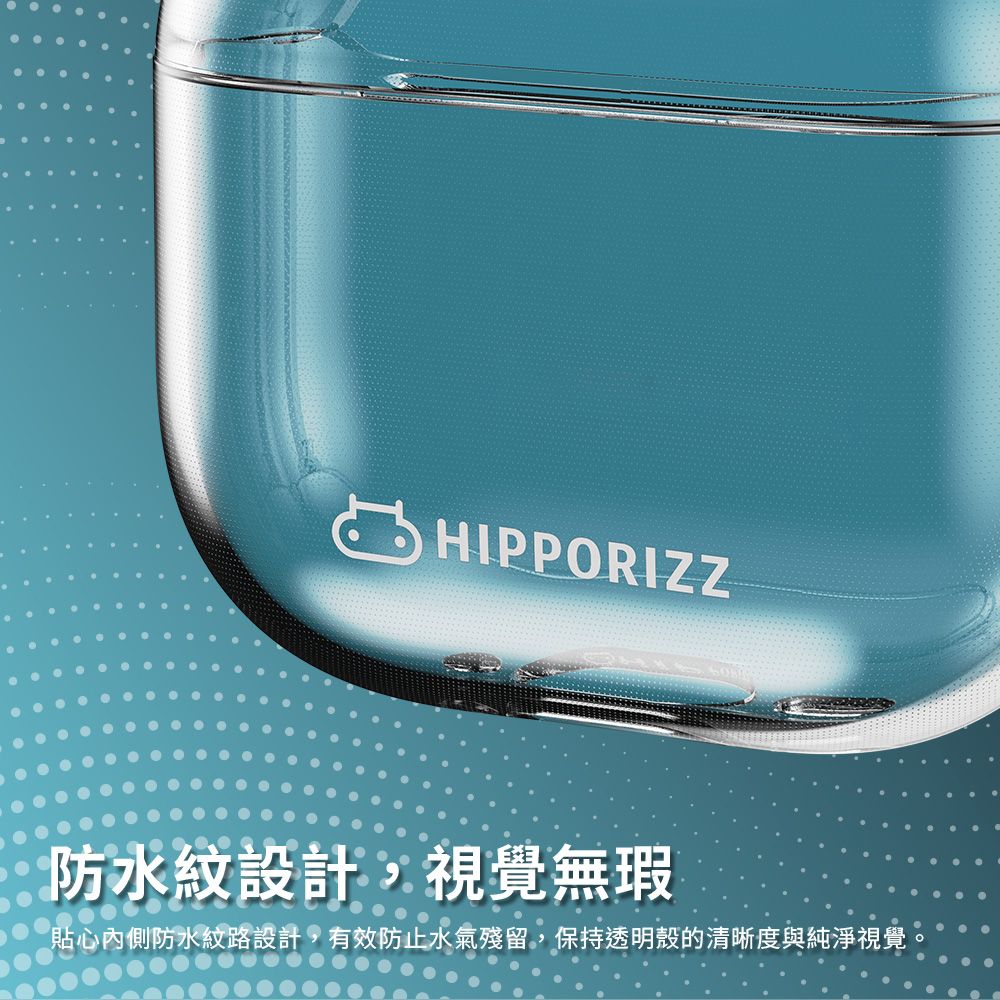 HIPPORIZZ防水紋設計,視覺無瑕貼心內側防水紋路設計,有效防止水氣殘留,保持透明殼的清晰度與純淨視覺。