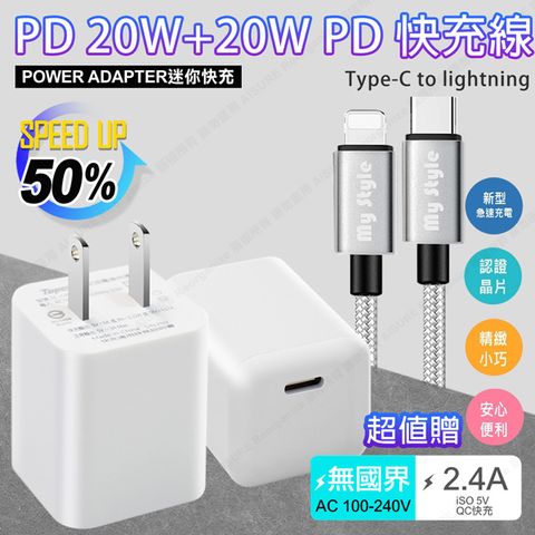 TOPCOM 經典迷你款外型20W MINI Type-C PD3.0+QC3.0急速充電器-白色+MyStyle Type-C to Lightning PD編織快充線(銀)