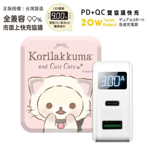 Rilakkuma 拉拉熊 20W PD+QC3.0 LED螢幕數顯 雙孔急速充電器-貓咪小白熊