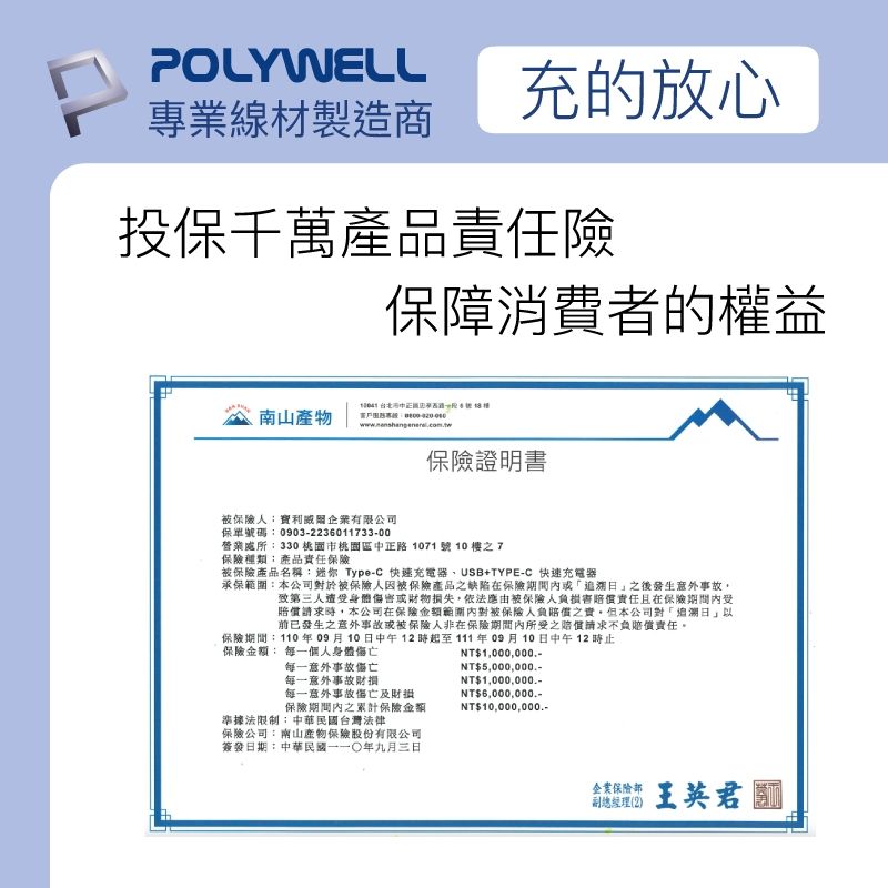 POLYWELL充的放心專業線材製造商投保千萬產品險保障消費者的權益保險證明書被保險寶利威爾企業有限公司保單號碼0903-2236011733-00營業處所:330桃園市桃園區中正路1071 號10樓之7保險:產品任保險被保險產品名稱:迷你 Type-C 快速充電器、USB+TYPE-C 快速充電器承保範圍:本公司對於被保險人因被保險產品之缺陷在保險期間或之後發生意外事故致第三人遭受身體傷害或物失,依法應由被保險人負損害責任且在保險期間內受賠償請求時,本公司在保險金額範圍內對被保險人負賠償之責但本公司對「日」以前已發生之意外事故保險人非在保險期間內所受之賠償請求不負賠償責任。保險期間:110年09月10日中午12時起至111年09月10日中午12 時保險金額: 每一個人身體傷亡每一意外事故傷亡每一意外事故財損每一意外事故傷亡及財保險期間內之累計保險金額限制:中華民國台灣法律保險公司:南山產物保險股份有限公司簽發日期:中華民國一年九月三日NT1,000,000.-NT$5,000,000.-NT$1,000,000.-NT$6,000,000.-NT$10,000,000.-企業保險部王英君