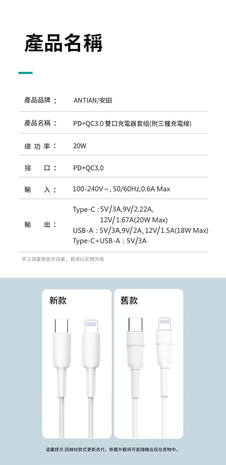 產品名稱產品品牌ANTIAN/安田產品名稱PDQC3.0 雙充電器套组(附三種充電線)總功率20W接 口:PD+QC3.0入:100240V~50/60Hz,0.6A MaxType-C:5V/3A,9V/2.22A,12V/1.67A(20W Max):USB-A:5V/3A,9V/2A,12V/1.5A(18W Max)Type-C+USB-A: 5V/3A手工测量有些许误差,具体以实物为准新款舊款温馨提示:因線材款式更新迭代,新舊外觀将可能隨機出现在中。