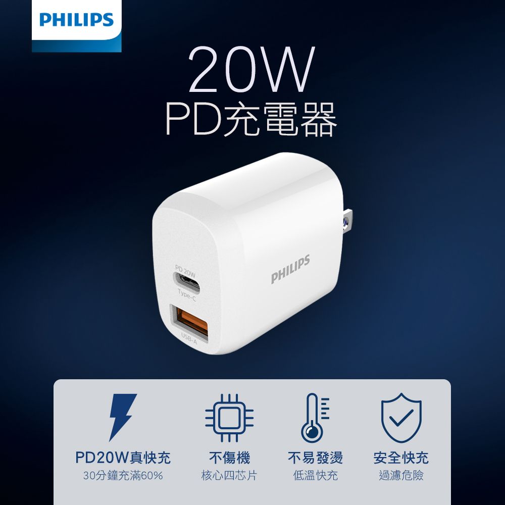 PHILIPS 飛利浦   20W typeC/USB 2孔PD充電器 DLP4326C