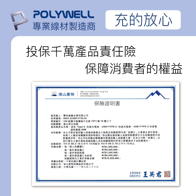 POLYWELL充的放心專業線材製造商投保千萬產品險保障消費者的權益 南山產物客戶保險證明書被保險人:寶利威爾企業有限公司保單號碼:0903-2236011733-01營業處所:3桃園市桃園區中正路1071號10樓之7保險種類:產品保險被保險產品名稱:迷你 Type-C 快速充電器USB+TYPE-C 快速充電器、USB+TYPE-C 快速電器 30承保範圍:公司對於被保險人因被保險產品之缺陷在保險期間「追溯日」之後發生意外事故致第三人遭身傷害或財物損失,依法應由被保險人負損害責任且在保險期間內受請求時,本公司在保險金額範圍內對被保險人負之責但本公司對「追溯日」以前已發生之意外事故或被保險人非在保險期間內所受之賠償請求不負賠償責任。保險期間:111年09月10日中午12時起至112年09月10日中午12時止保險金額: 每一個人身體傷亡NT1,000,000.-每一意外事故傷亡NT5,000,000.-每一意外事故財損NT1,000,000.-每一意外事故傷亡及財損保險期間內之累計保險金額NT6,000,000.-NT10,000,000.-準據法限制:中華民國台灣法律保險公司:南山產物保險股份有限公司簽發日期:中華民國八月二十三日企業保險部體 王英君