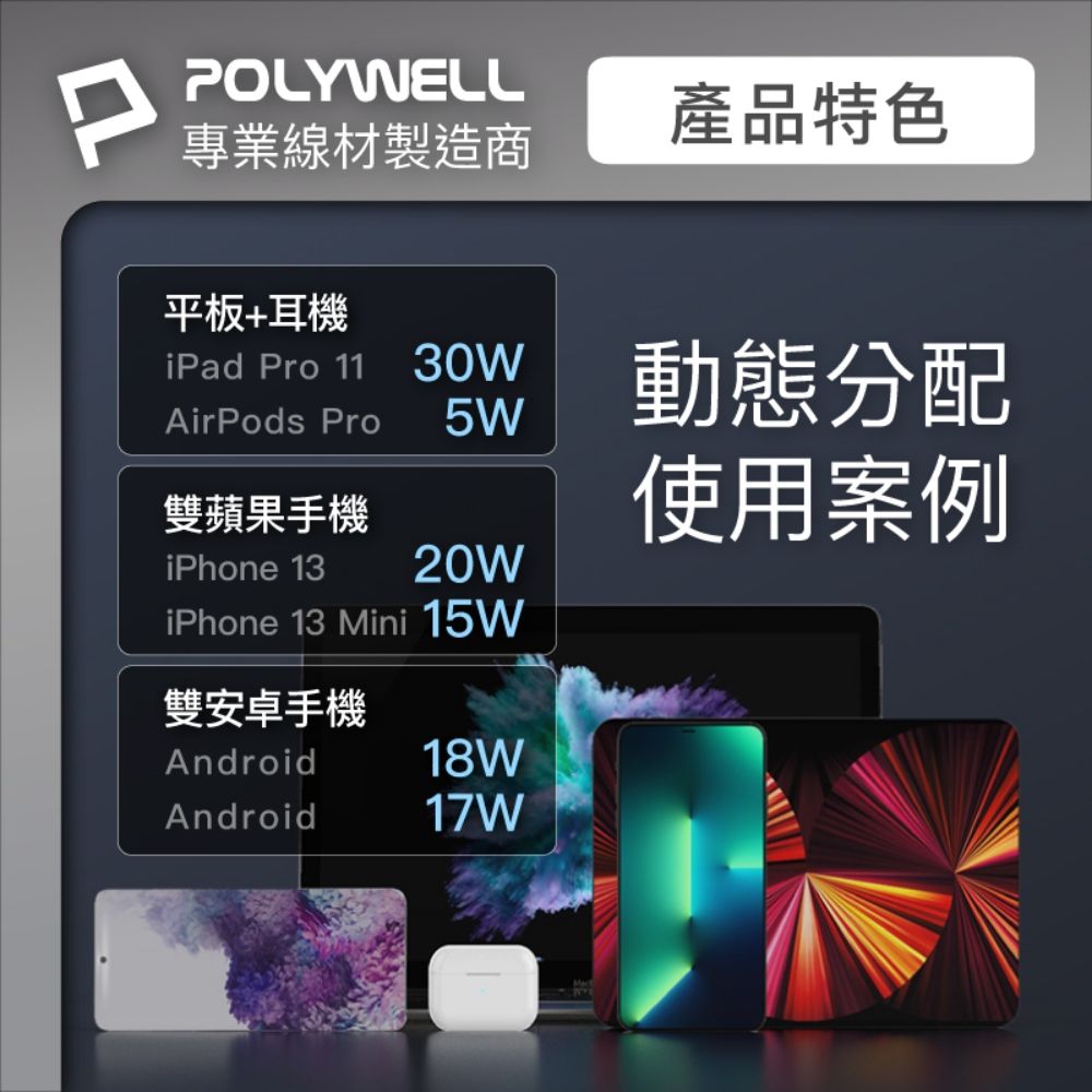 POLYWELL 寶利威爾 35W雙C孔快充頭+USB-C數顯線 2M