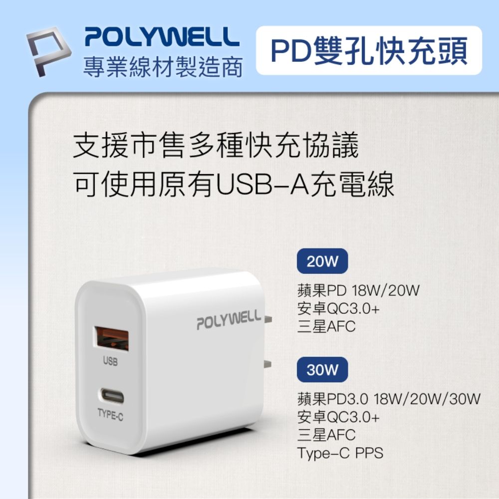 POLYWELL 寶利威爾 PD快充收納組合包 20W快充頭+蘋果PD快充線1米+收納包 藍色