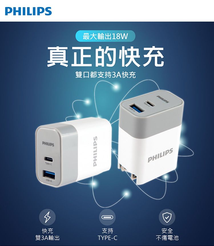 PHILIPS 飛利浦  PD+QC 18W 2孔充電器 DLP4320T-7S