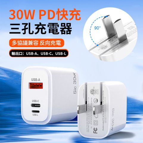 Sic 30W PD快充三孔充電器 蘋果支援反向充電頭  iPhone16/15旅充豆腐頭