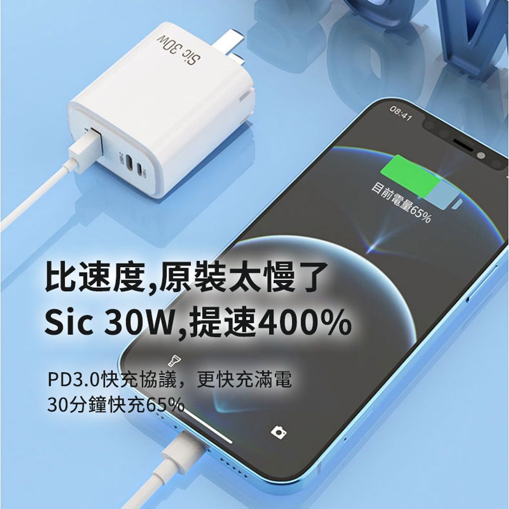  Sic 30W PD快充三孔充電器 蘋果支援反向充電頭  iPhone16/15旅充豆腐頭