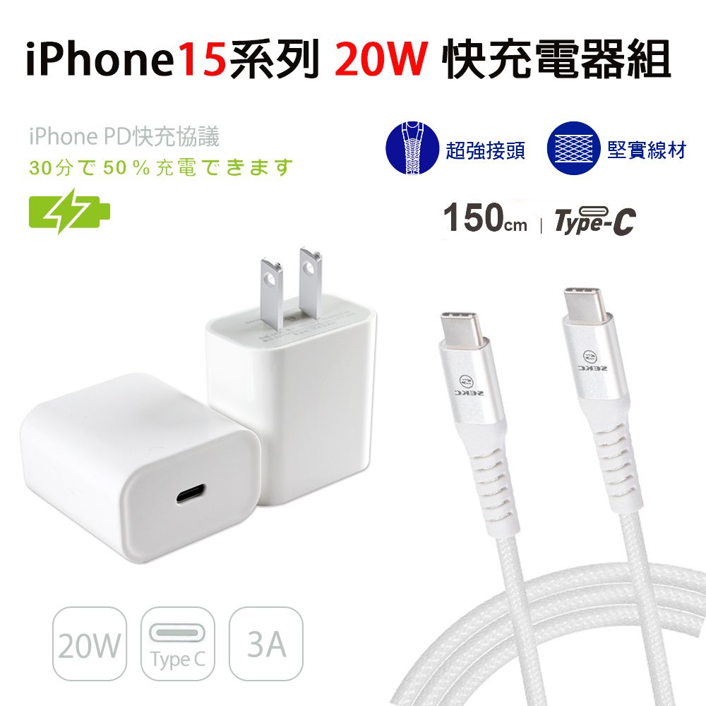 iPhone15系列20W PD充電器(E630)+SEKC Type-C to Type-C 高速傳輸線1.5