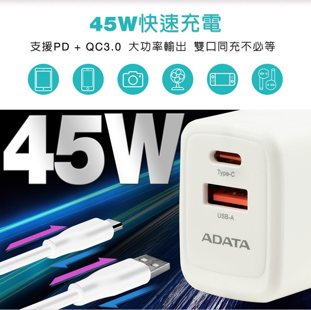 45W快速充電支援PD + QC3.0 大功率輸出 雙口同充不必等45WType-CUSB-AADATA