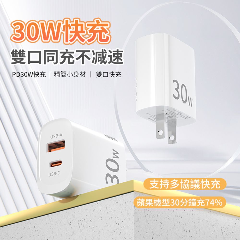  AIVK 30W PD快充雙孔充電器 PD/QC快充豆腐頭 電源適配器 手機/平板(iPhone16/15/14/13/安卓 充電頭)