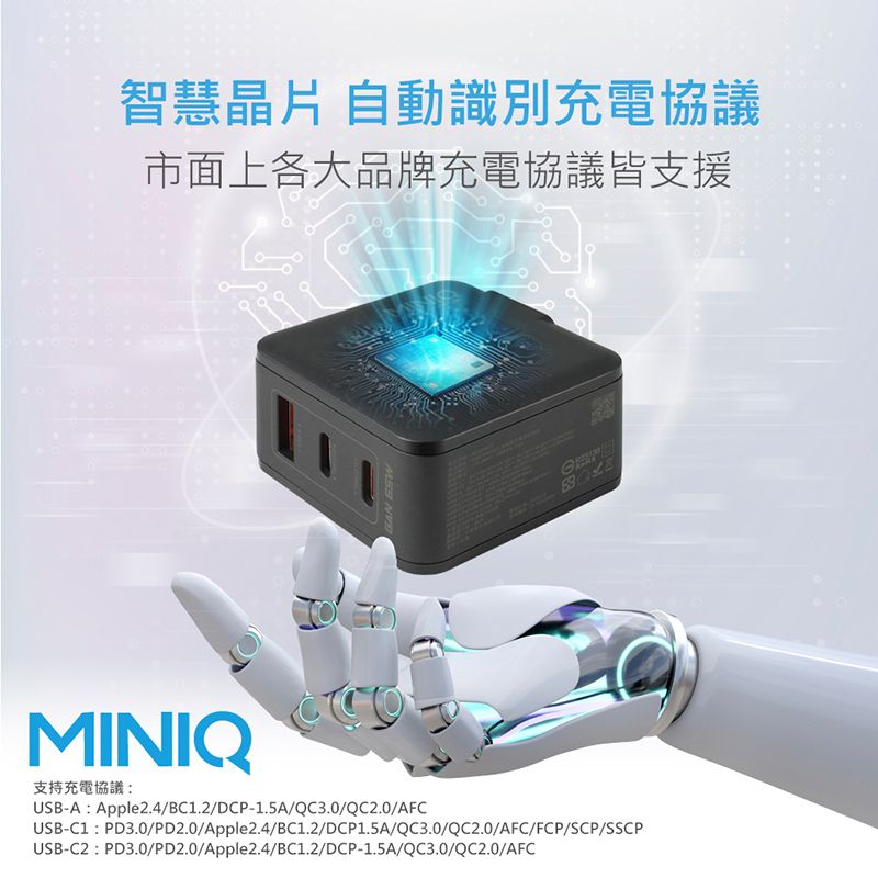 智慧晶片 自動識別充電協議市面上各大品牌充電協議皆支援GAN MINIQ支持充電協議:USB-A:Apple2.4/BC1.2/DCP-1.5A/QC3.0/QC2.0/AFCUSB-C1:PD3.0/PD2.0/Apple2.4/BC1.2/DCP1.5A/QC3.0/QC2.0/AFC/FCP/SCP/SSCPUSB-C2:PD3.0/PD2.0/Apple2.4/BC1.2/DCP-1.5A/QC3.0/QC2.0/AFC