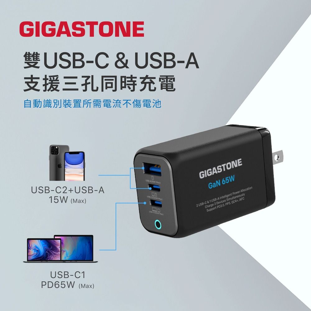 GIGASTONE雙-C & USB-A支援三孔同時充電自動識別裝置所需電流不傷電池USB-C2USB-A15W (MaxUSB-C1PD65W(Max)USB  )GIGASTONEGaN 65W2 USB-C & 1 USB-A Intelligent Power AllocationCharge 3 Devices SimultaneouslySupport  PPS + AFC