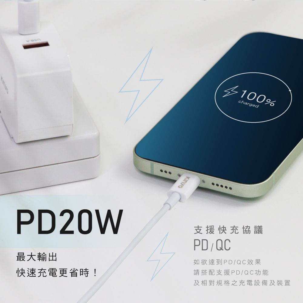 KINYO 20W PD/QC氮化鎵雙孔充電器 旅充+Type-C To Type-C快充傳輸充電線 1M (iPhoen 15.iPhone 16適用)