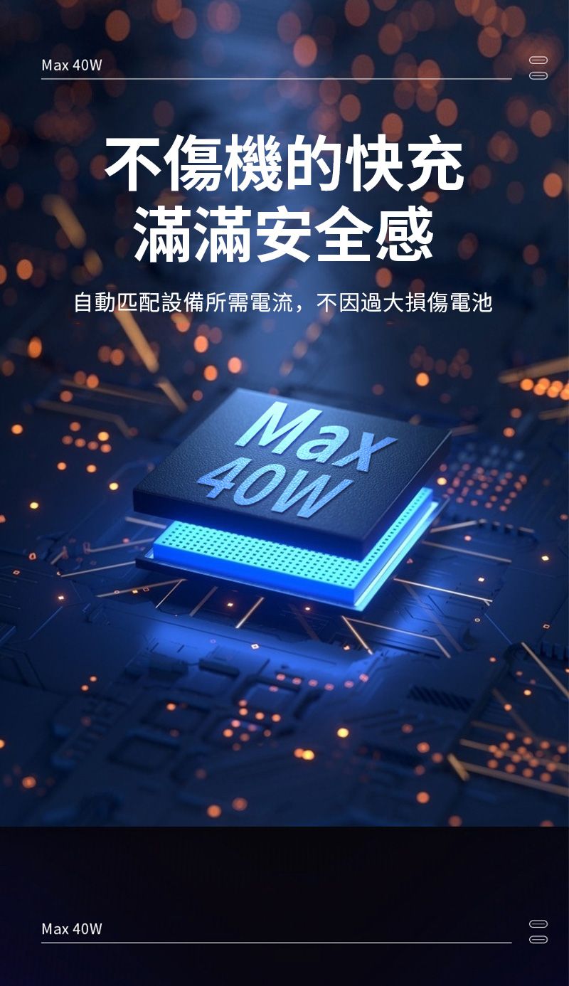 Max 40WMax 40W不傷機的快充滿滿安全感自動匹配設備所需電流,不因過大損傷電池Max40W00