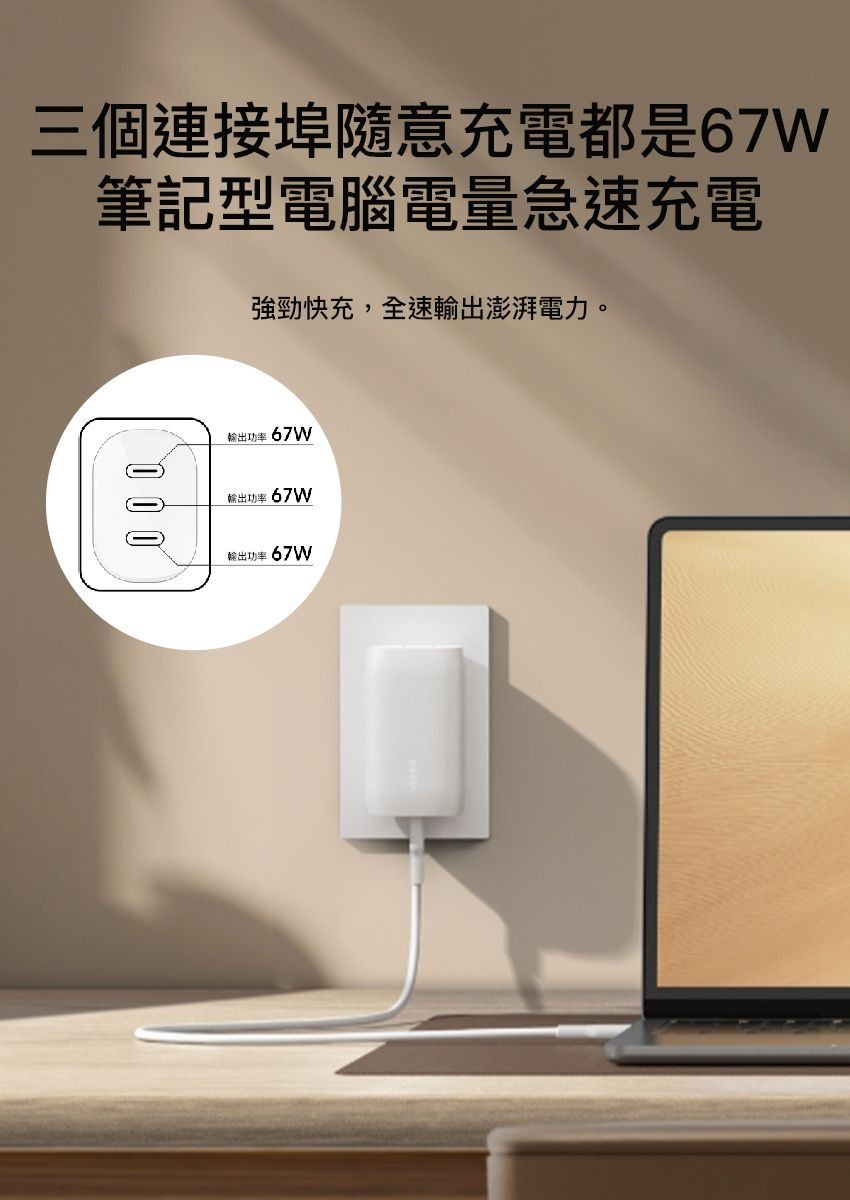 三個連接埠隨意充電都是67W筆記型電腦電量急速充電強勁快充,全速輸出澎湃電力。輸出功率67W輸出功率67W輸出功率67W