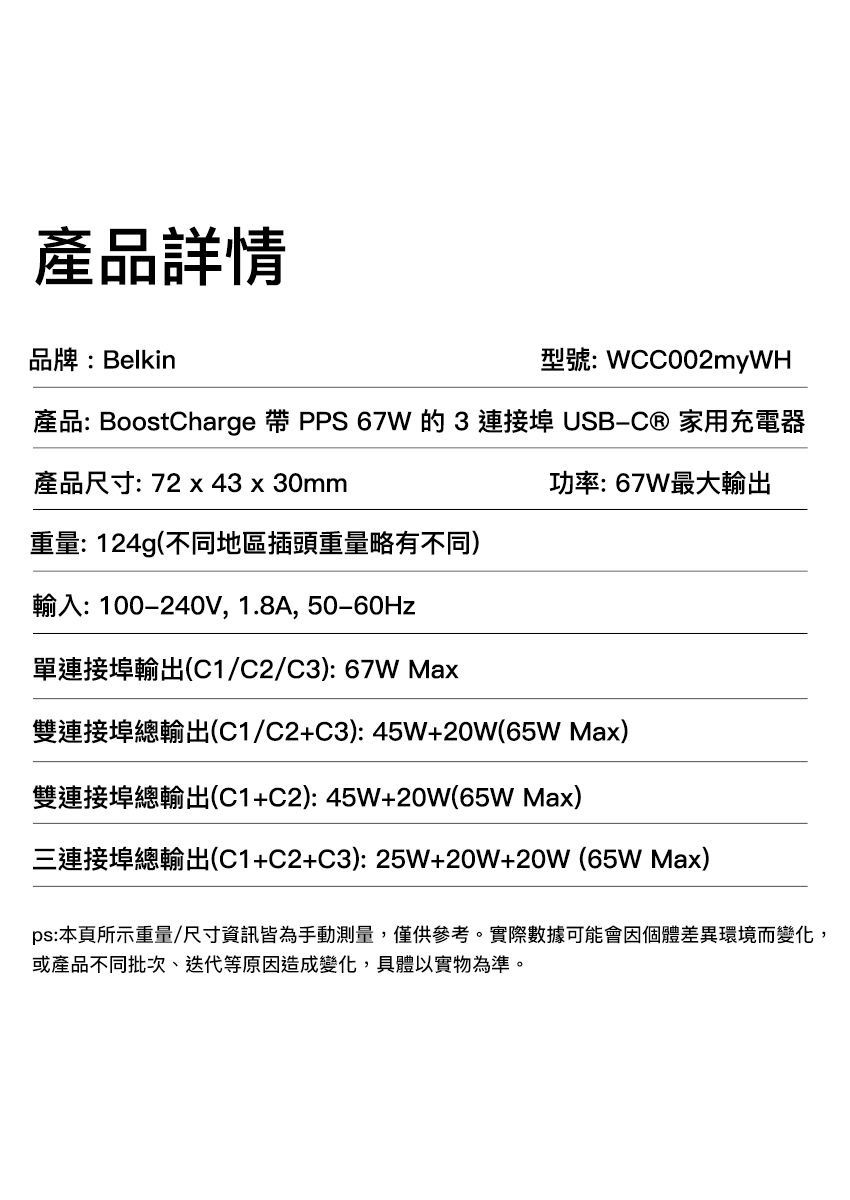 產品詳情品牌:Belkin型號:WCC002myWH產品: BoostCharge 帶 PPS 67W的3連接埠 USB- 家用充電器產品尺寸:72  43 x 30mm功率:67W最大輸出重量:124g(不同地區插頭重量略有不同)輸入: 100-240V, 1.8A,50-60Hz單連接埠輸出(C1/C2/C3):67W Max雙連接埠總輸出(C1/C2+C3):45W+20W(65WMax)雙連接埠總輸出(C1+C2):45W+20W(65WMax)三連接埠總輸出(C1+C2+C3):25W+20W+20W (65W Max)ps:本頁所示重量/尺寸資訊皆為手動測量,僅供參考。實際數據可能會因個體差異環境而變化,或產品不同批次、迭代等原因造成變化,具體以實物為準。