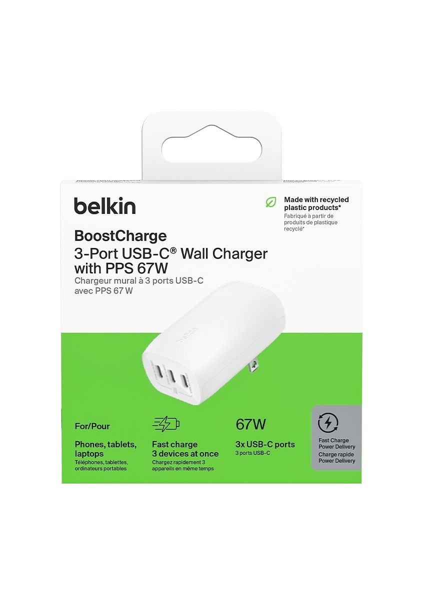 belkinBoostCharge3-Port USB- Wall Chargerwith PPS 67WChargeur mural  3 ports USB-Cavec PPS 67 WMade with recycledplastic productsFabriqué  partir deproduits de plastiquerecycléFor/PourPhones tablets,laptopsTéléphones, tablettes,ordinateurs portablesFast charge3 devices at onceChargez rapidement 3appareils en même temps67W3x USB-C ports3 ports USB-CFast ChargePower DeliveryCharge rapidePower Delivery