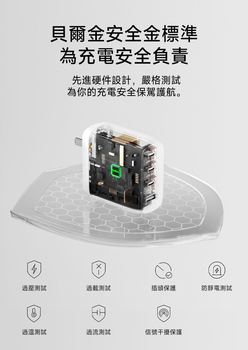 貝爾金安全金標準為充電安全負責先進硬件設計,嚴格測試為你的充電安全保駕護航。過壓測試過載測試插頭保護防靜電測試過溫測試過流測試信號干擾保護